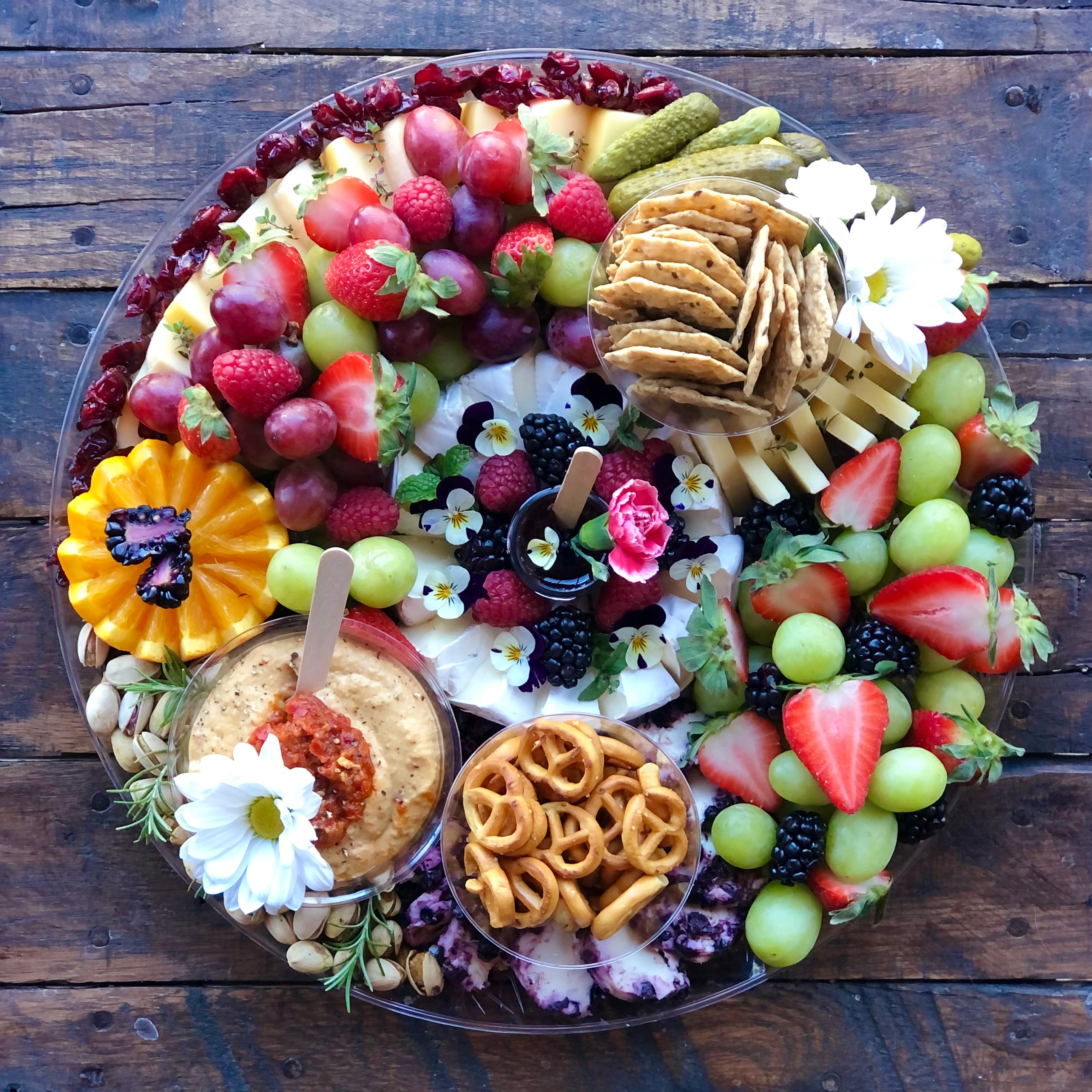 Vegetarian Graze platter with fruit, veggies, select cheeses, spreads and crackers